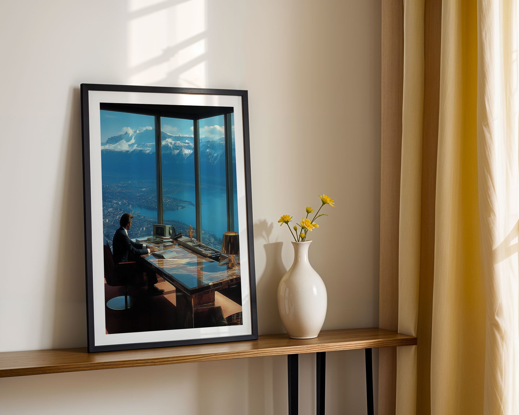 Framed artwork of a mountain view on a shelf with a vase and flowers.