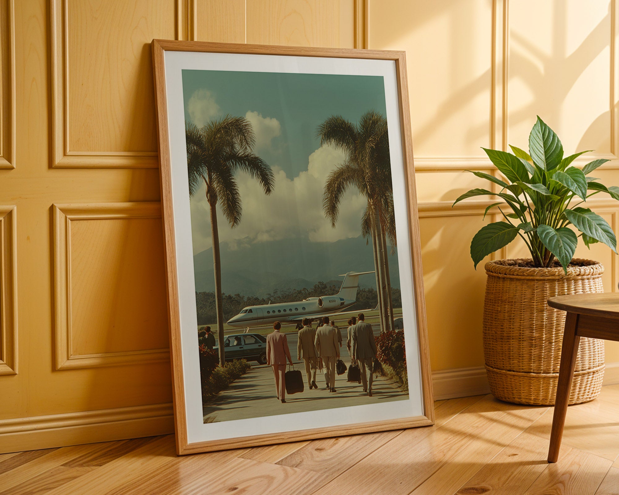 Framed artwork of a vintage scene with palm trees and an airplane, placed on a wooden floor against a wall.