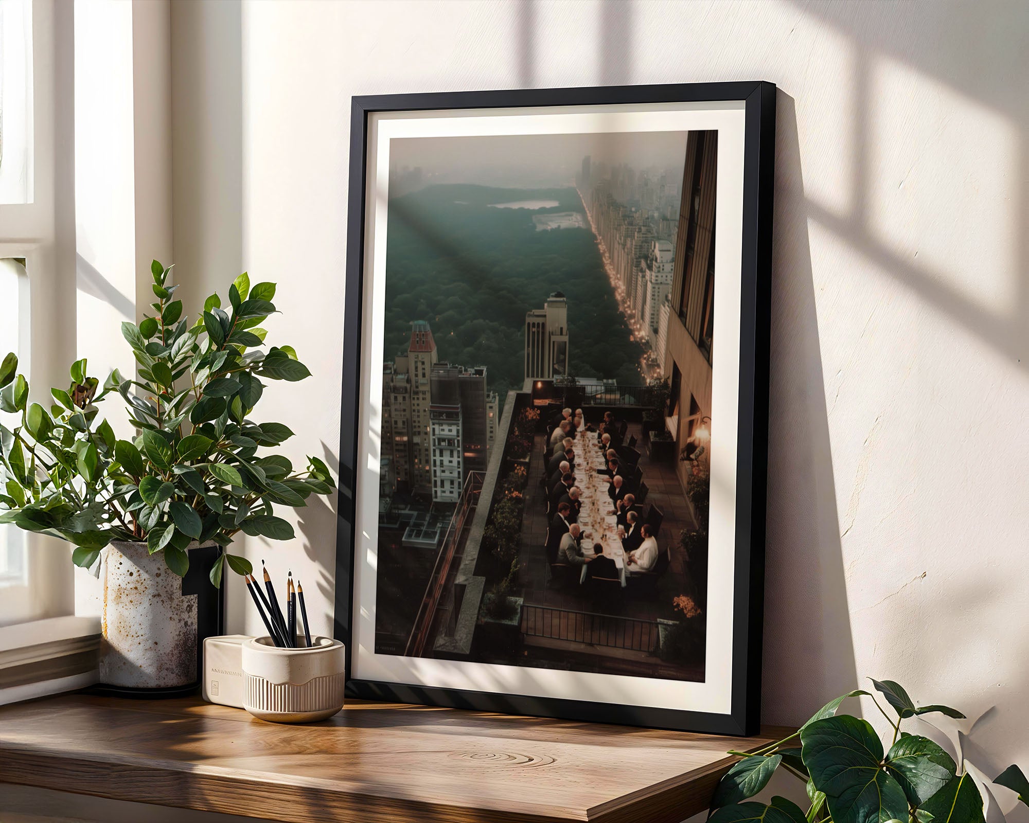 Framed artwork on a wooden shelf with plants in a home setting