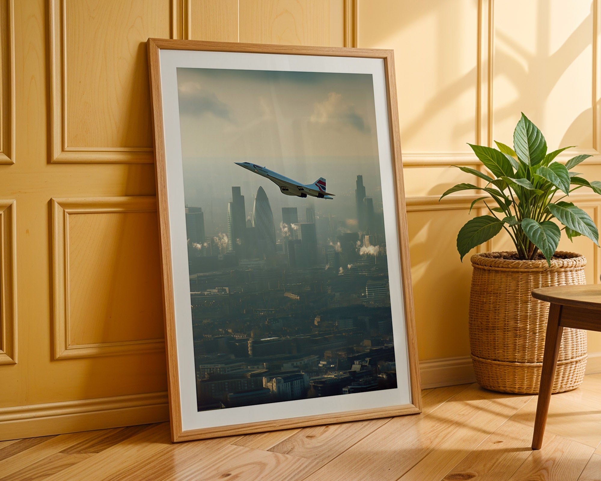 Framed artwork of an airplane over a cityscape on a wooden floor with a plant in the background.