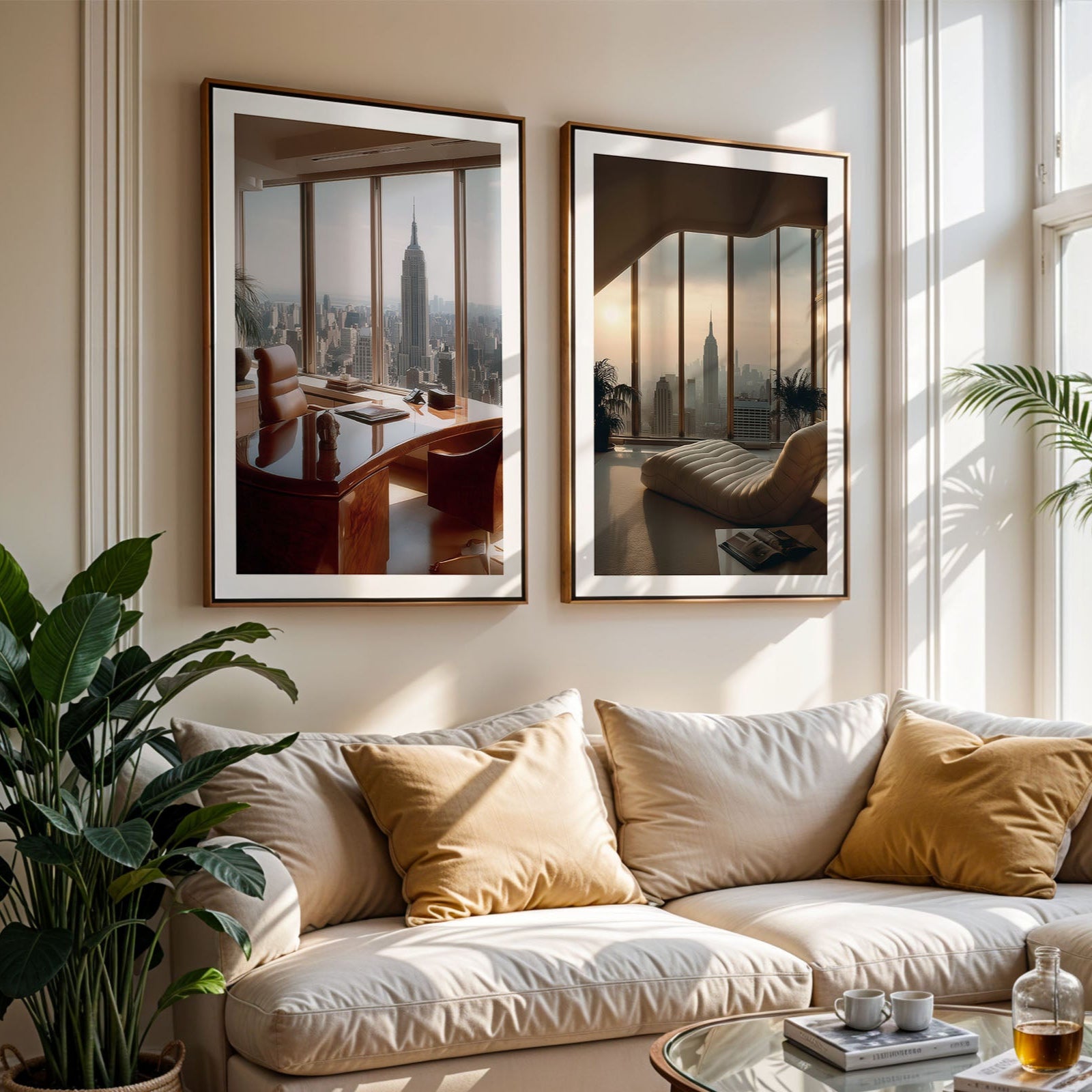 Living room with a beige sofa, decorative pillows, and framed cityscape art on the wall.