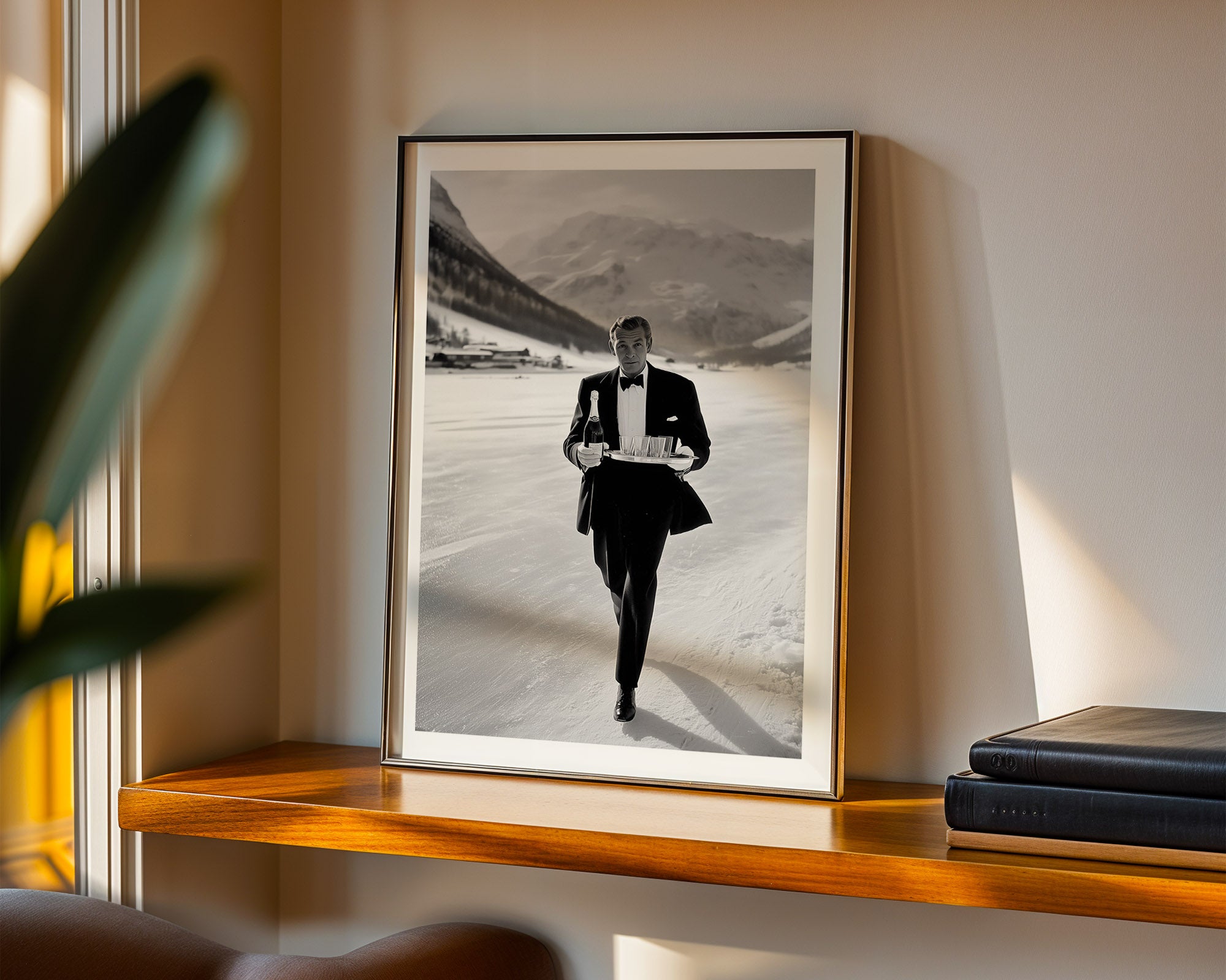 Framed black and white portrait of a man in a suit walking in Gstaad on a wooden shelf.