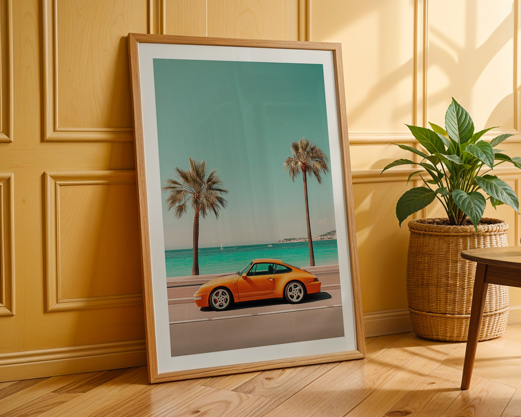 Framed artwork of a Porsche by the beach with palm trees, leaning against a wooden wall.