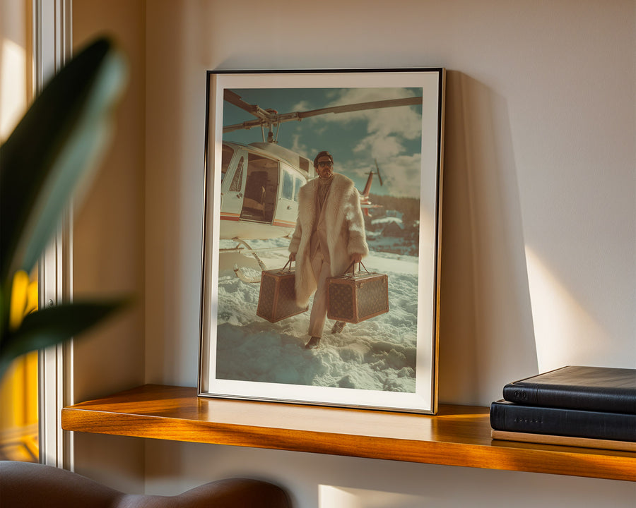 Framed artwork of a person with suitcases on a shelf with books and a plant.