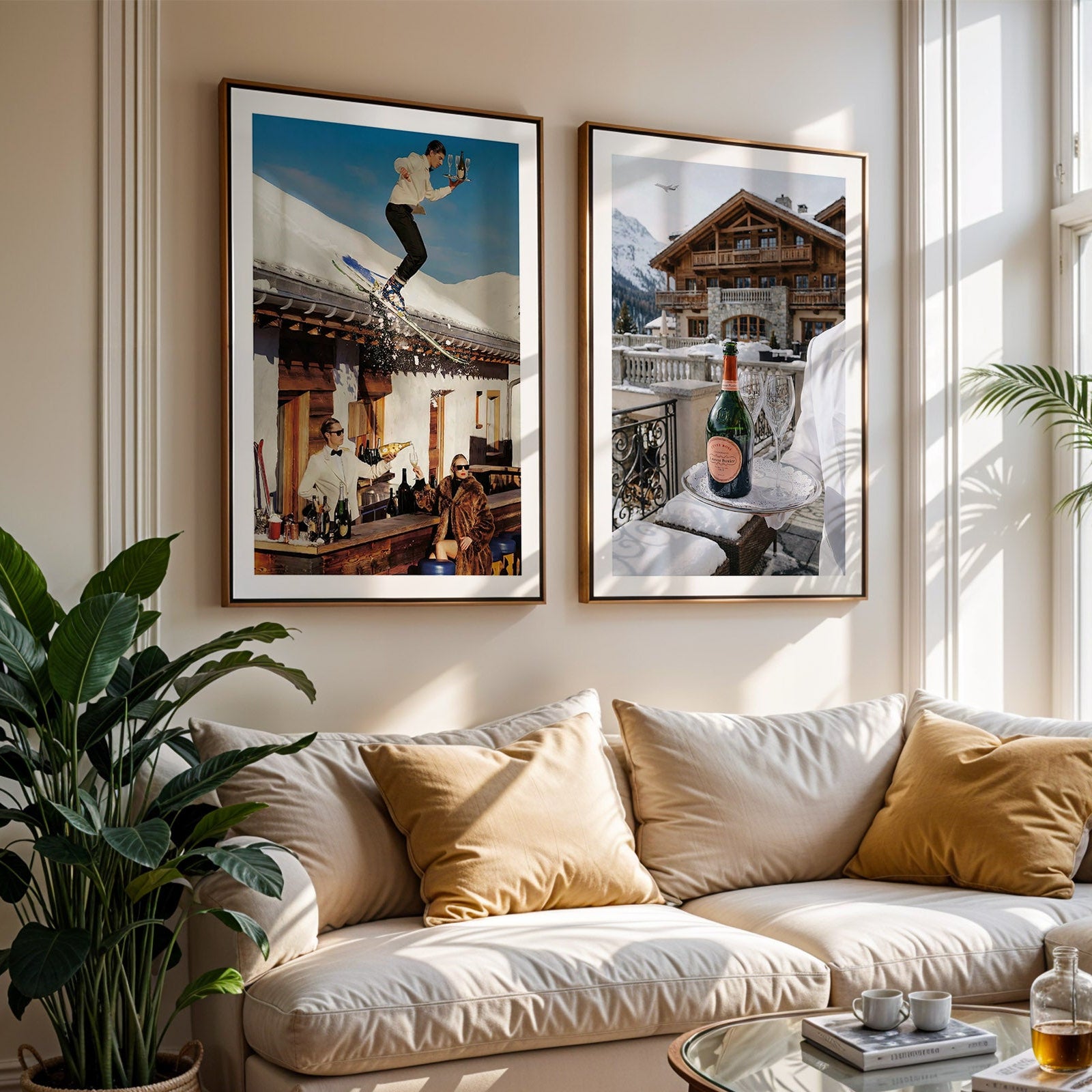 Living room with a beige sofa, framed pictures on the wall, and a window with natural light.