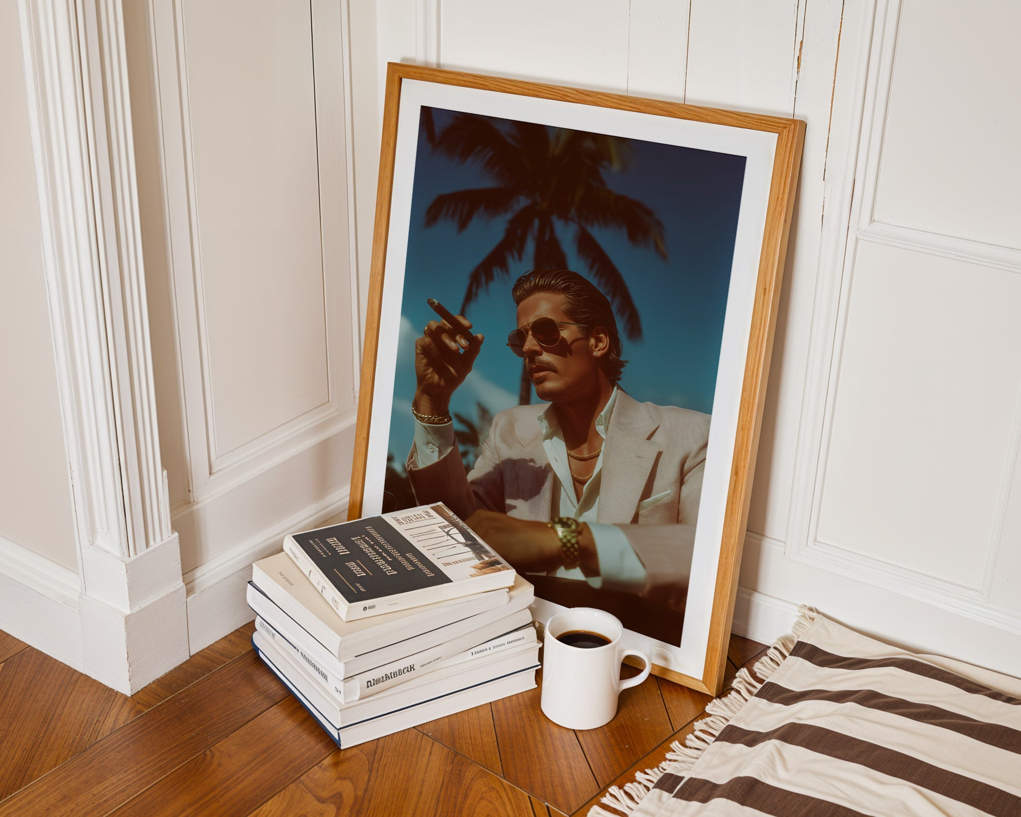 Framed picture of a man with a palm tree, books, and a coffee cup on a wooden floor.