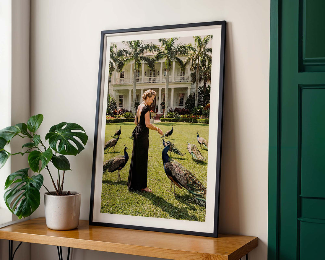 Framed photograph of a woman with peacocks in a garden setting on a wooden shelf.
