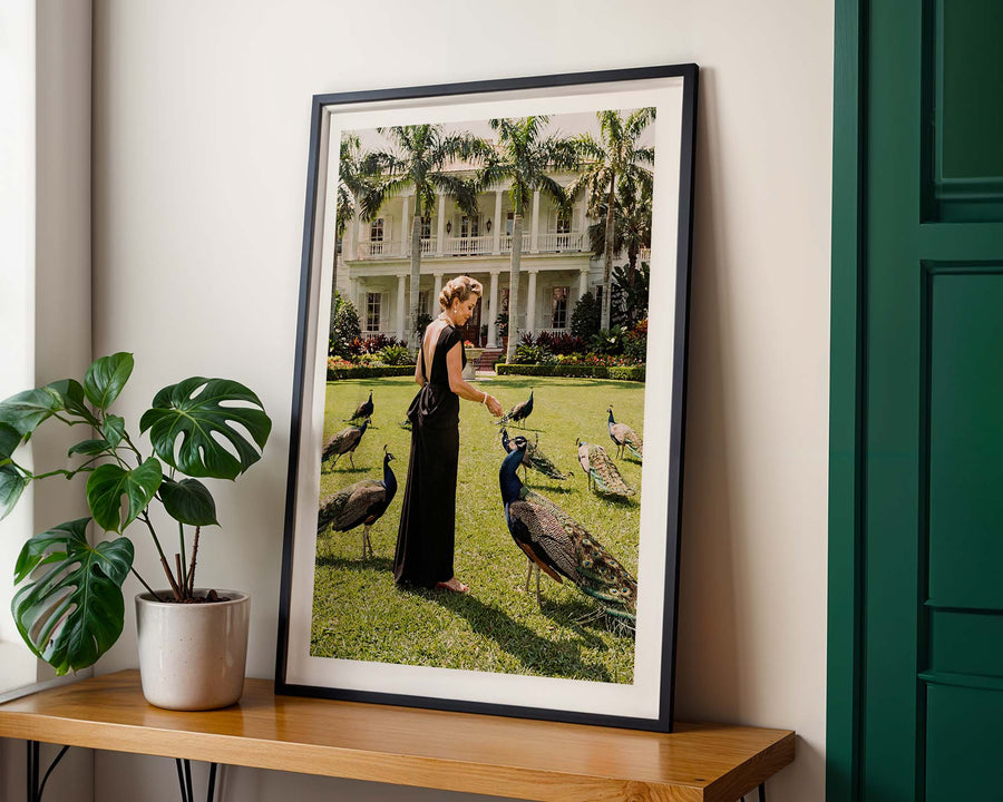 Framed photograph of a woman with peacocks in a garden setting on a wooden shelf.