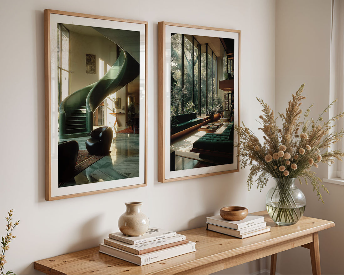 Two framed artworks on a wall above a wooden console table with decorative items.