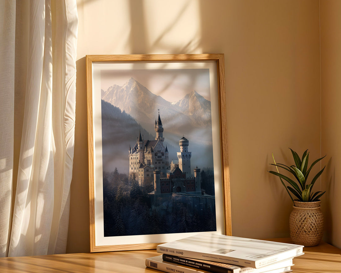 Framed artwork of a castle with mountains on a wall next to a plant and books.