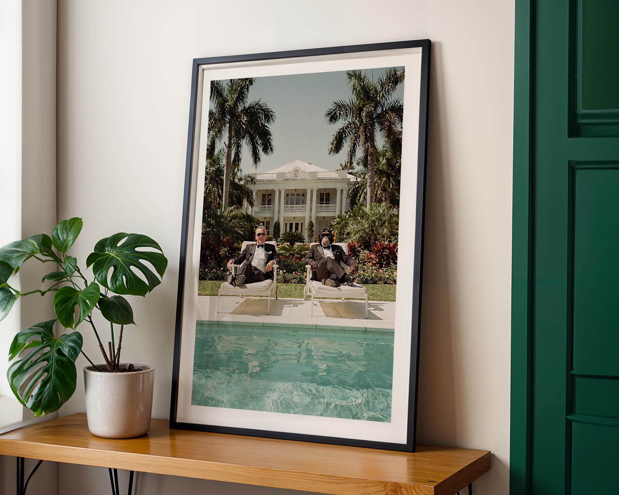 Framed photograph of a pool scene with people and a house on a wall next to a plant and wooden shelf.