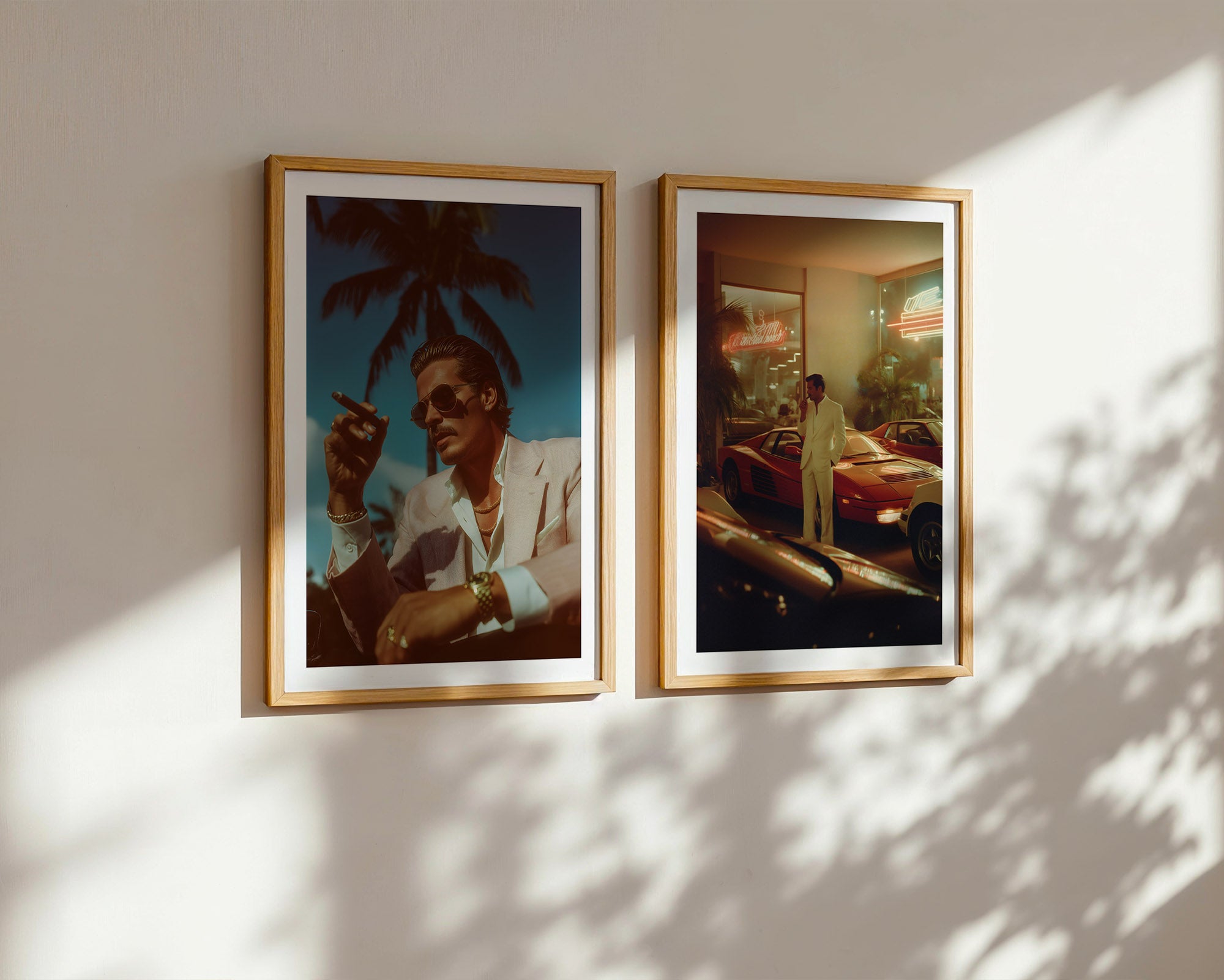 Two framed artworks on a wall with palm tree and interior scene.