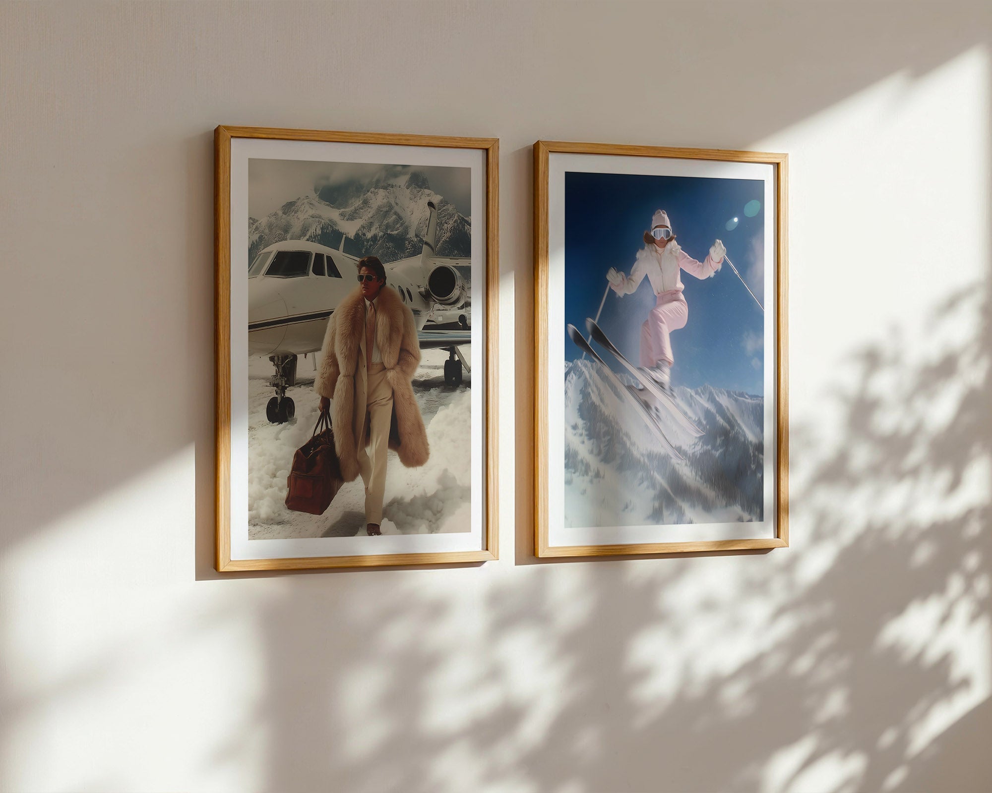 Two framed pictures on a wall with a person by an airplane and another on a mountain.