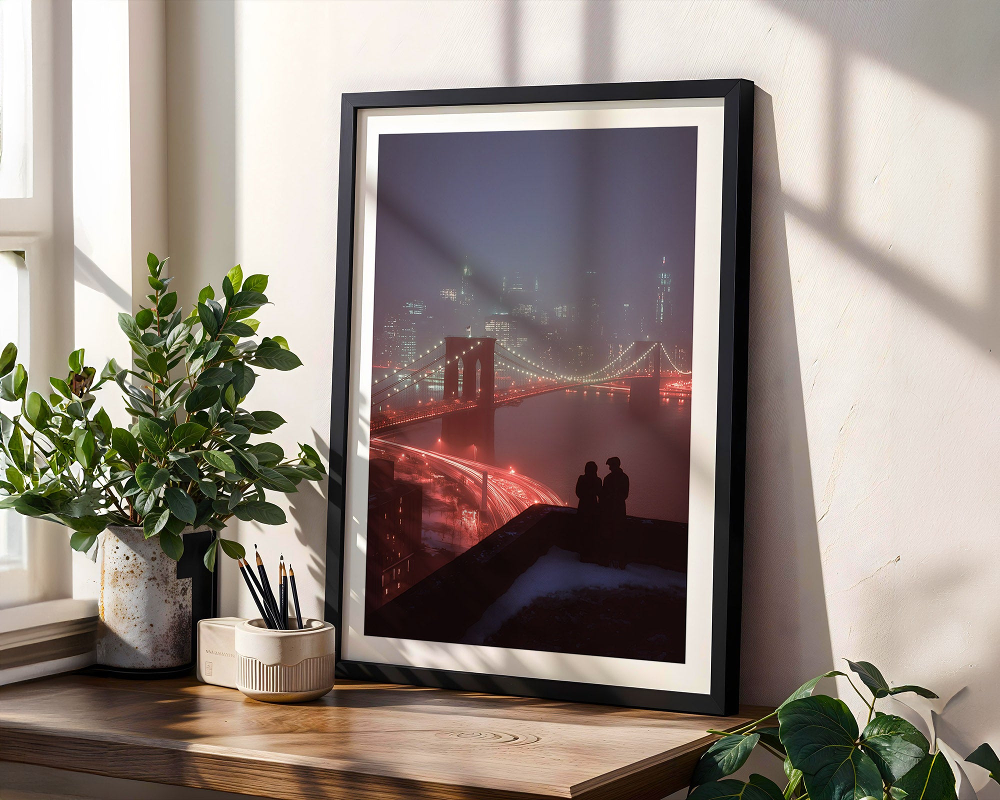 Framed artwork of a cityscape with a couple on Brooklyn Bridge, placed on a wooden surface with plants.