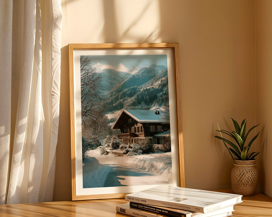 Framed mountain landscape print on a wall with books and a plant below