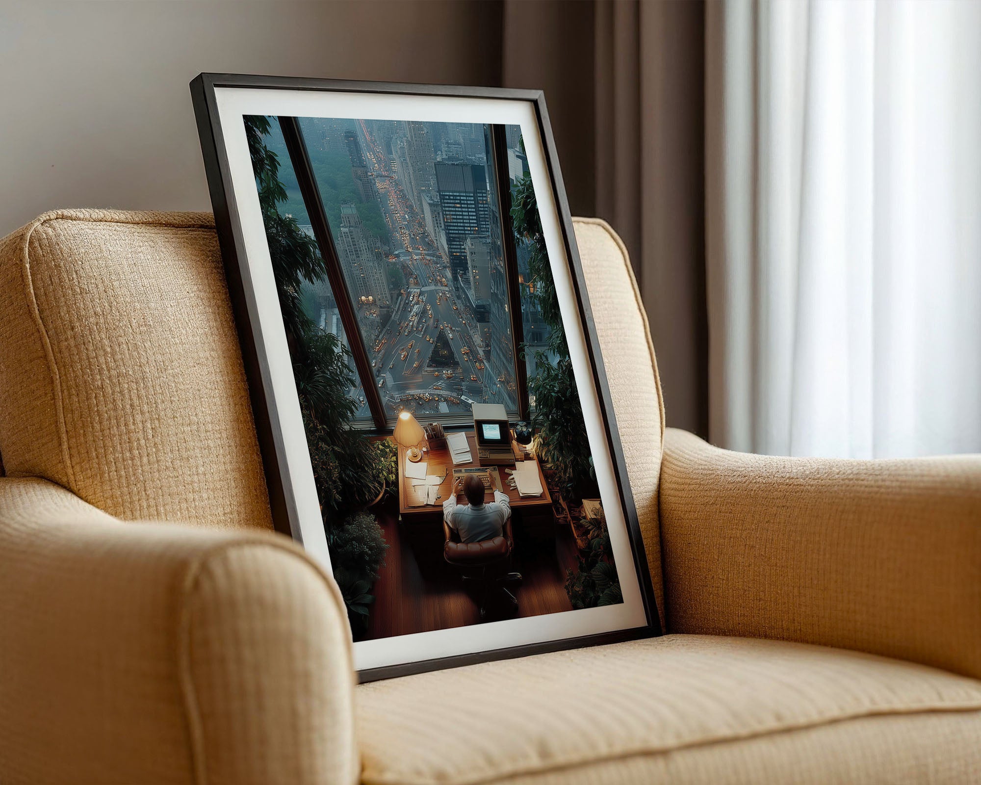 Framed artwork on a beige armchair with a cityscape view