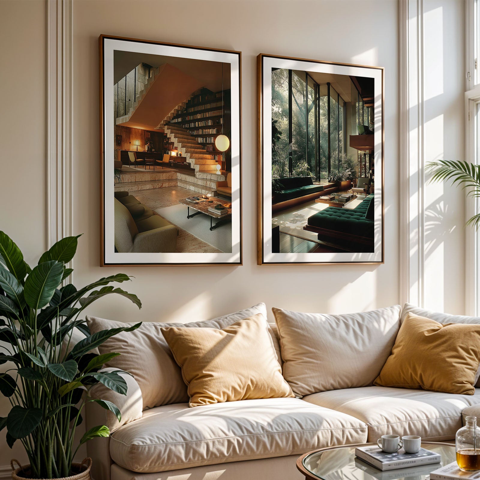 Living room with a white sofa, framed pictures on the wall, and a plant.