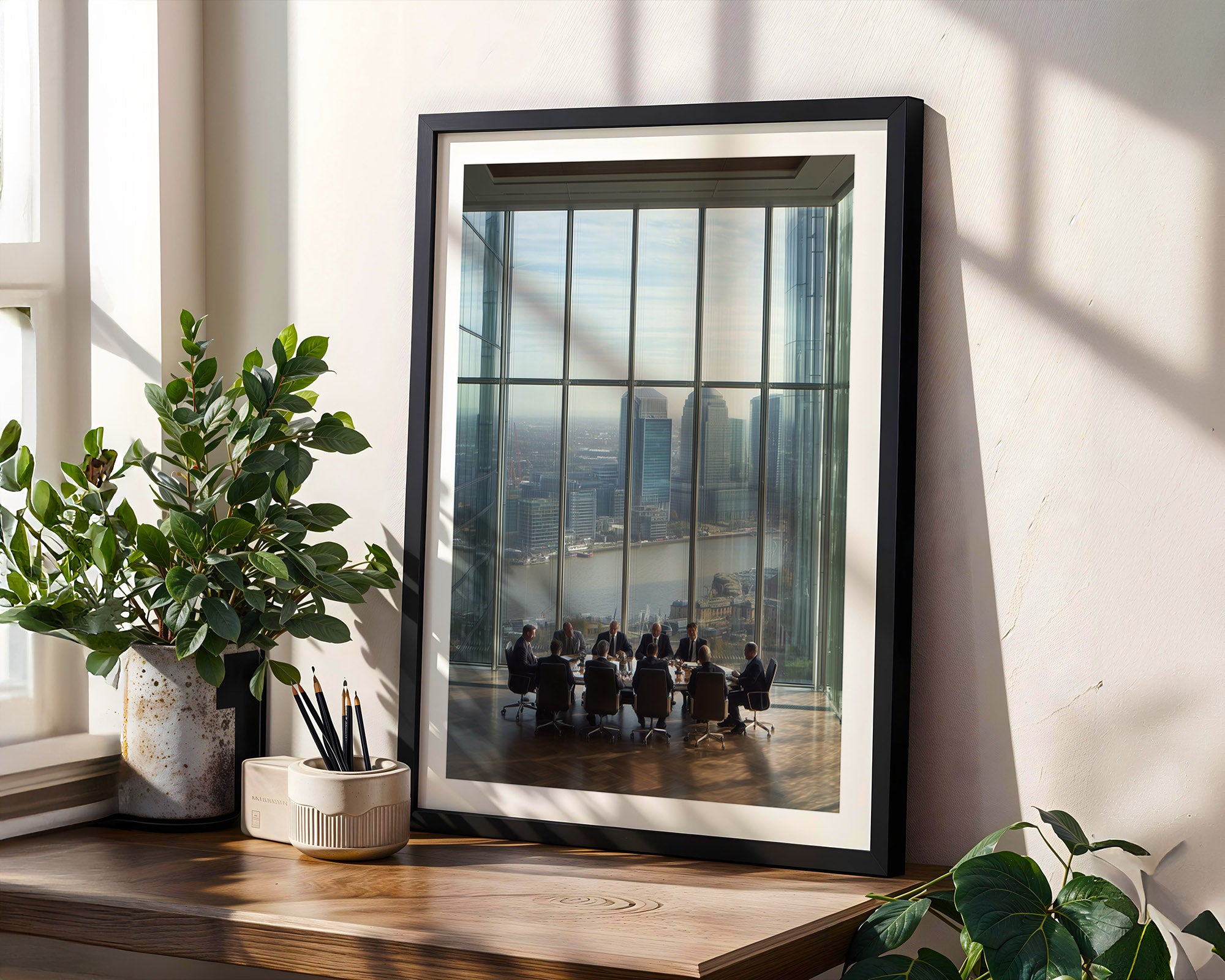 Framed artwork of a cityscape with people at a table, placed on a wooden surface with plants.