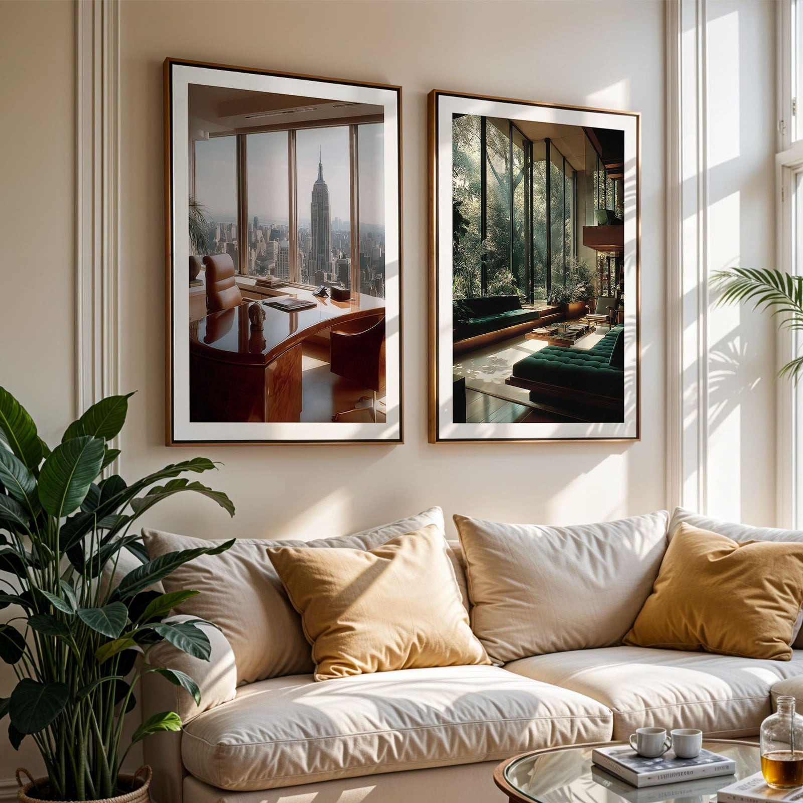 Living room with a white sofa, framed artworks on the wall, and a plant.