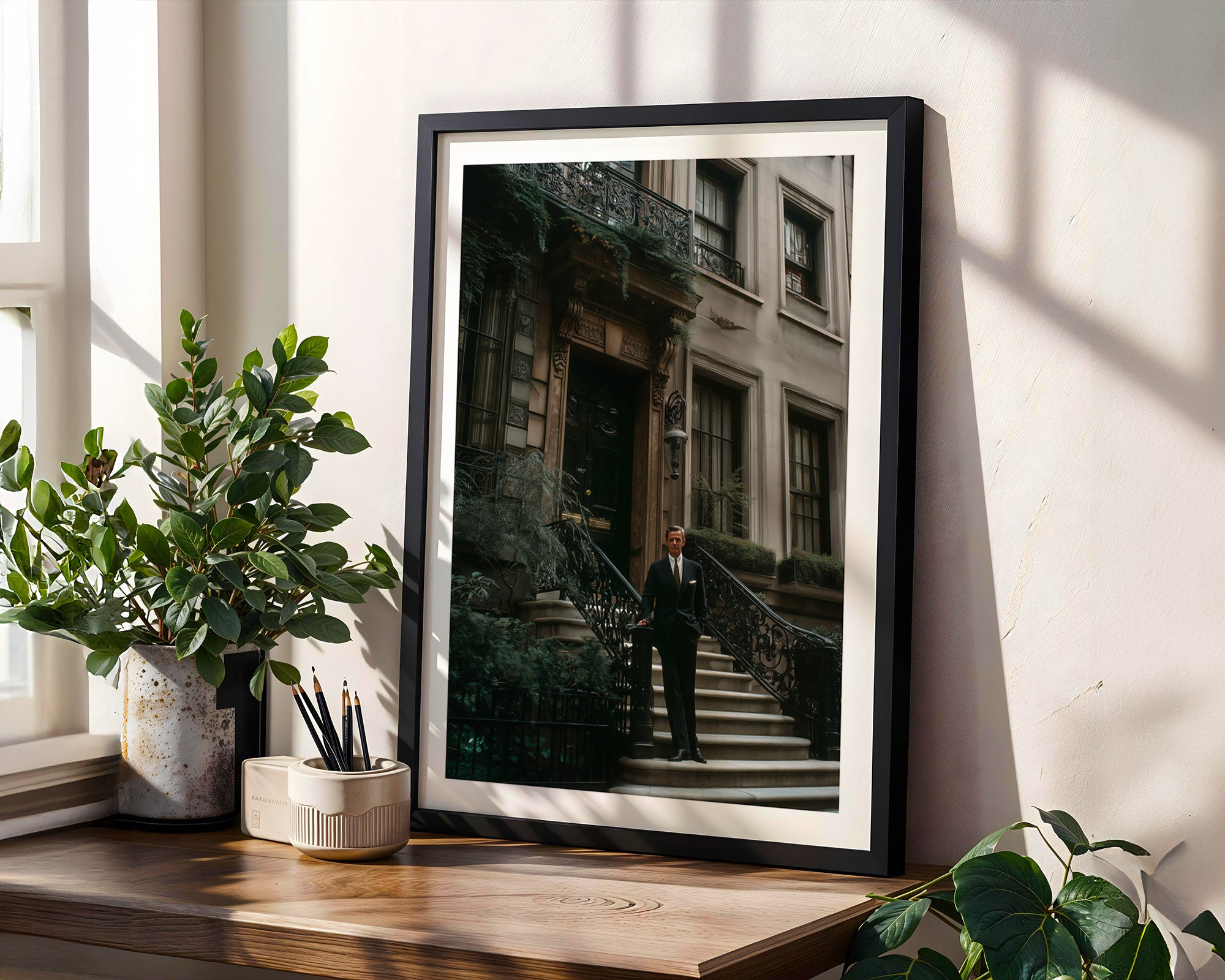 Framed photograph of a man on a staircase in an urban setting in New York, placed on a wooden surface with plants.