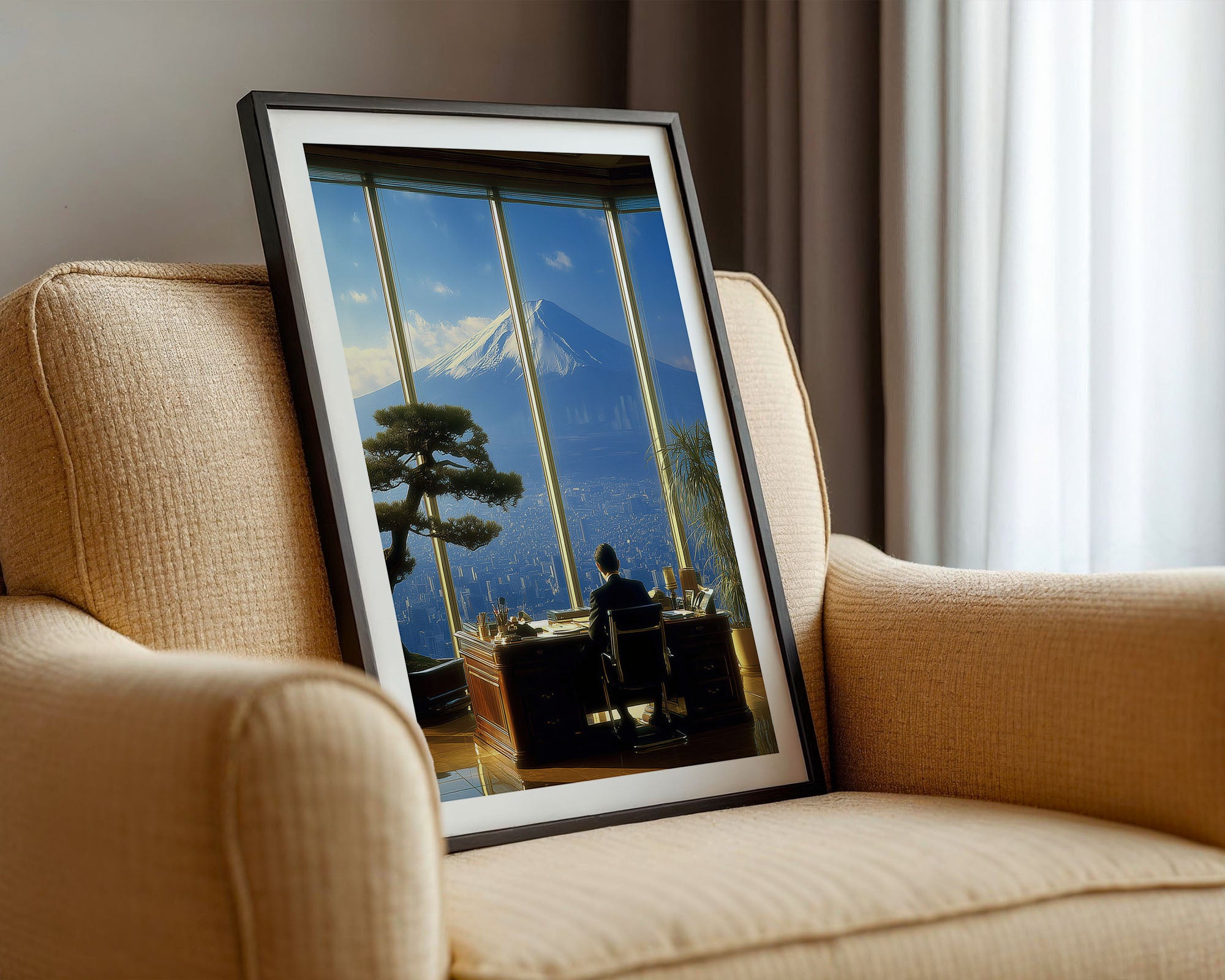 Framed artwork of a mountain scene on a beige armchair