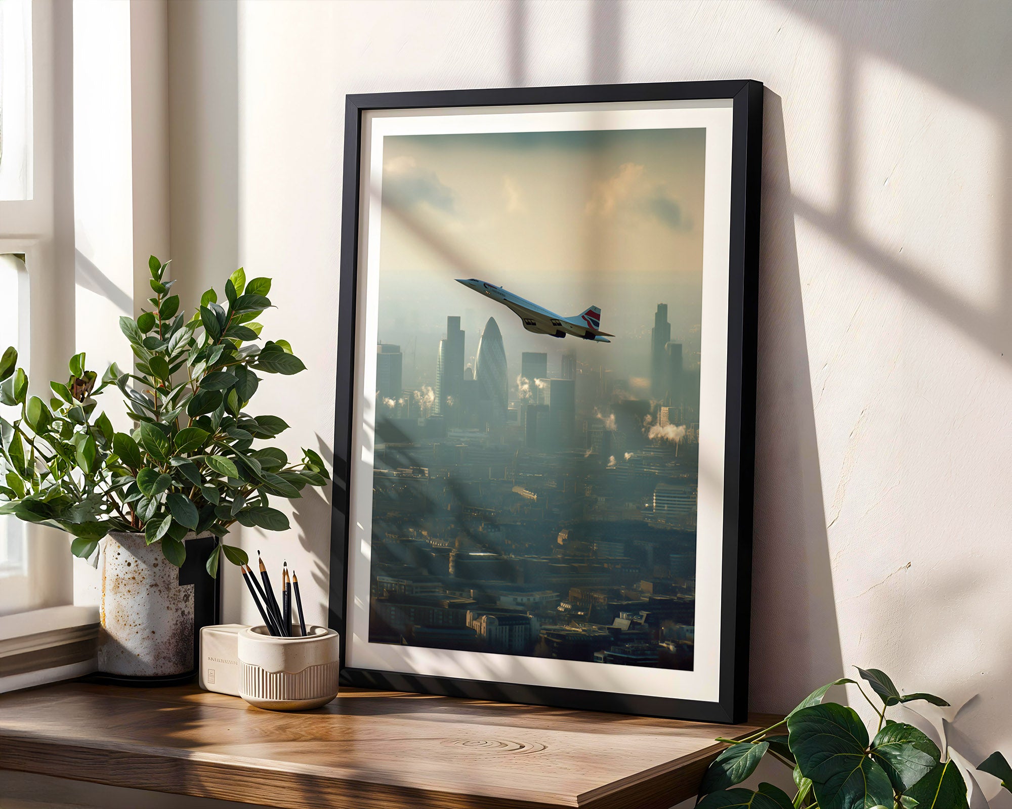 Framed artwork of an concorde flying over London on a wall with plants below.