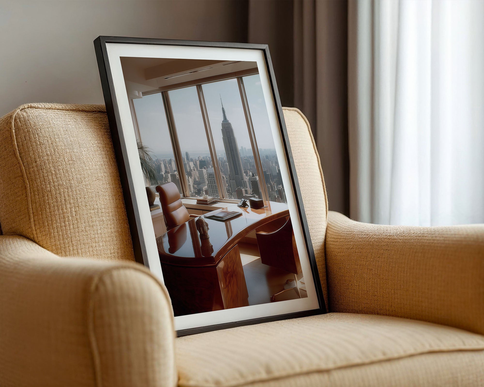 Framed picture of a cityscape with a view of the Empire State Building on a beige armchair.