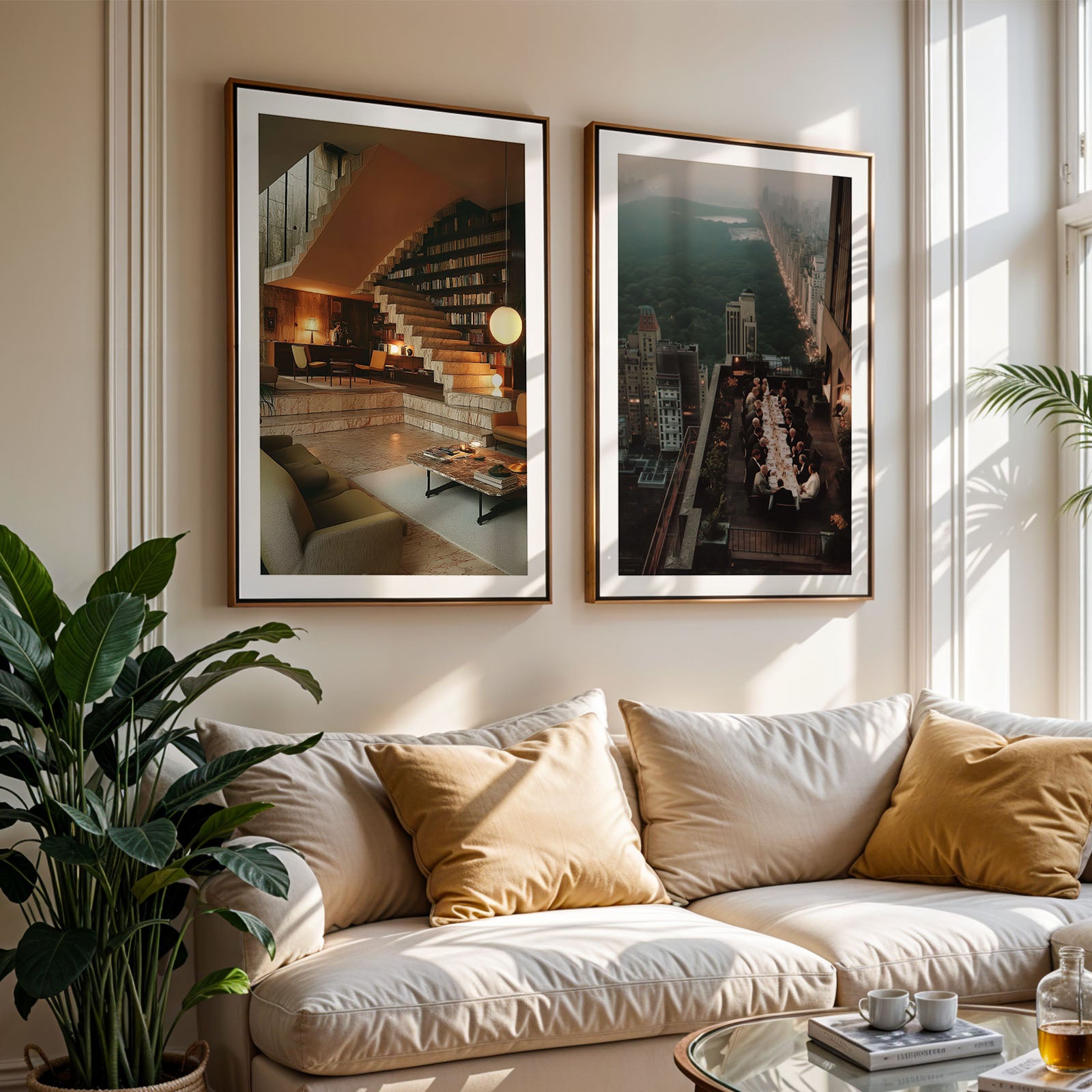 Living room with a white sofa, framed artwork on the wall, and a plant.