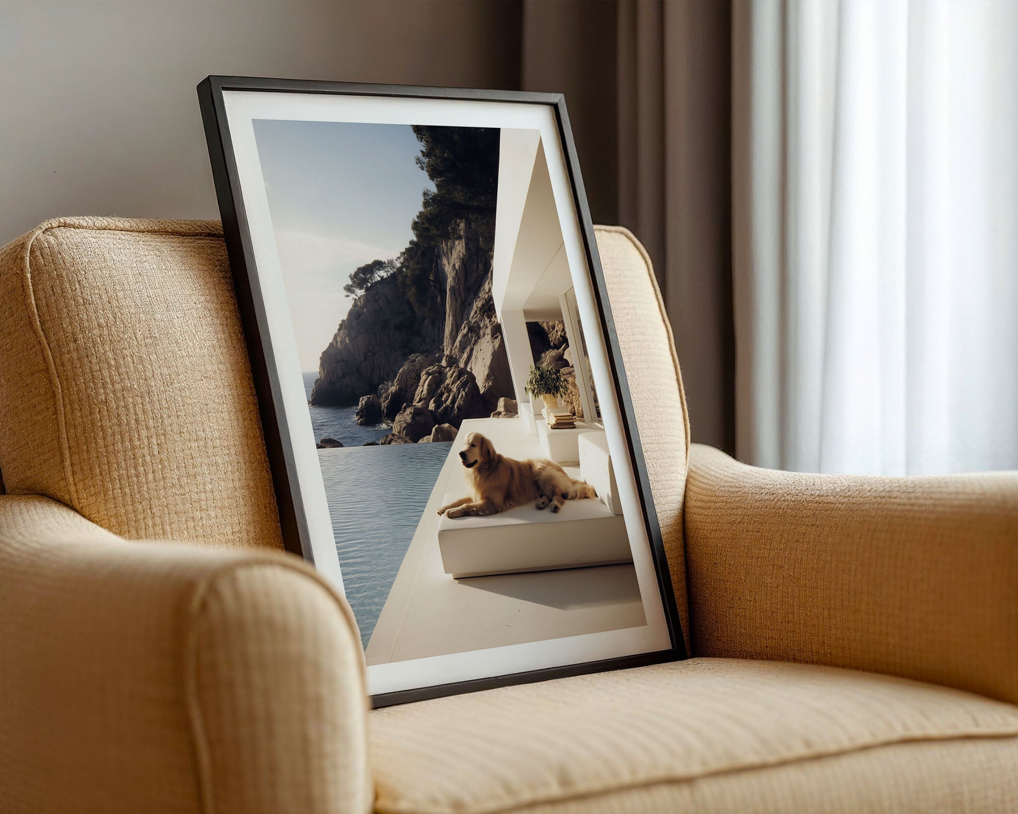 Framed photograph of a dog on a chair with a scenic background with a pool