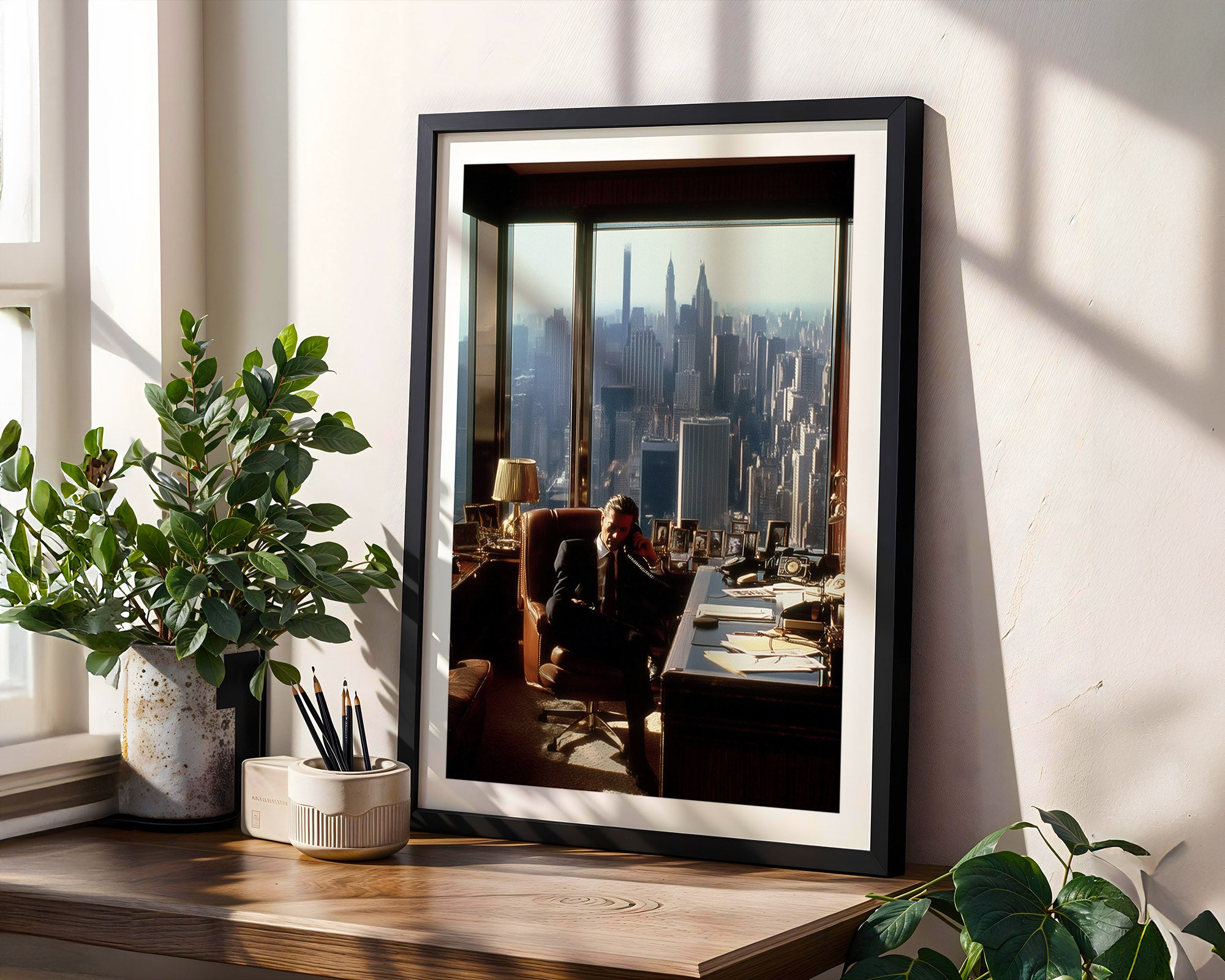 Framed photograph of a cityscape with a person sitting at a desk, placed on a wooden surface with plants.