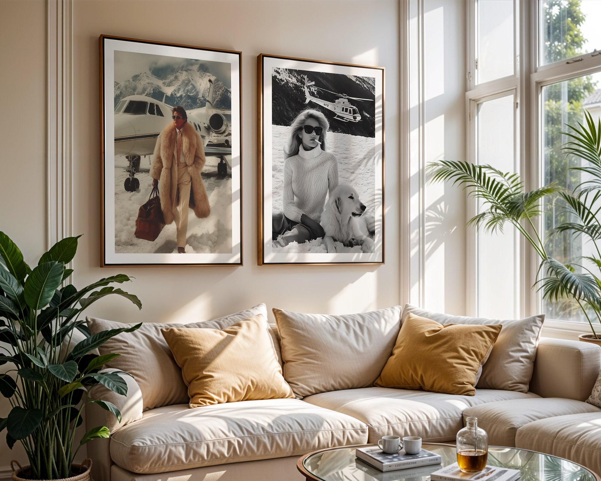 Living room with a beige sofa, framed pictures on the wall, and a window with sunlight streaming in.