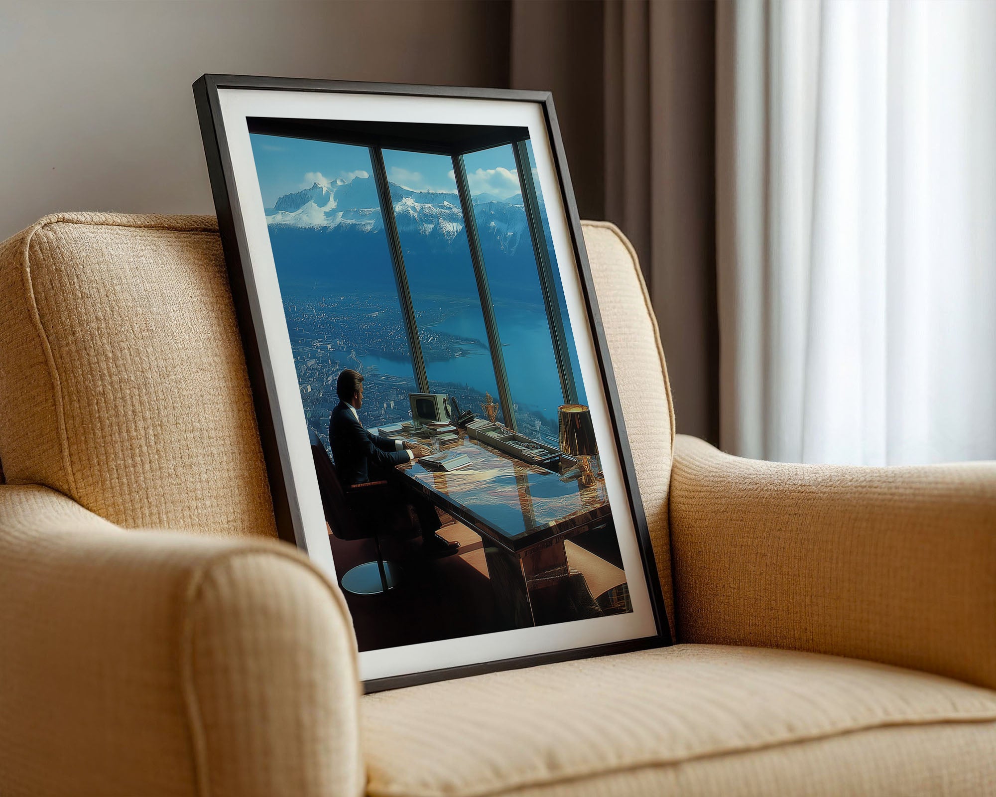 Framed photograph of a Swiss banker sitting at a table with a scenic view, placed on a beige armchair.