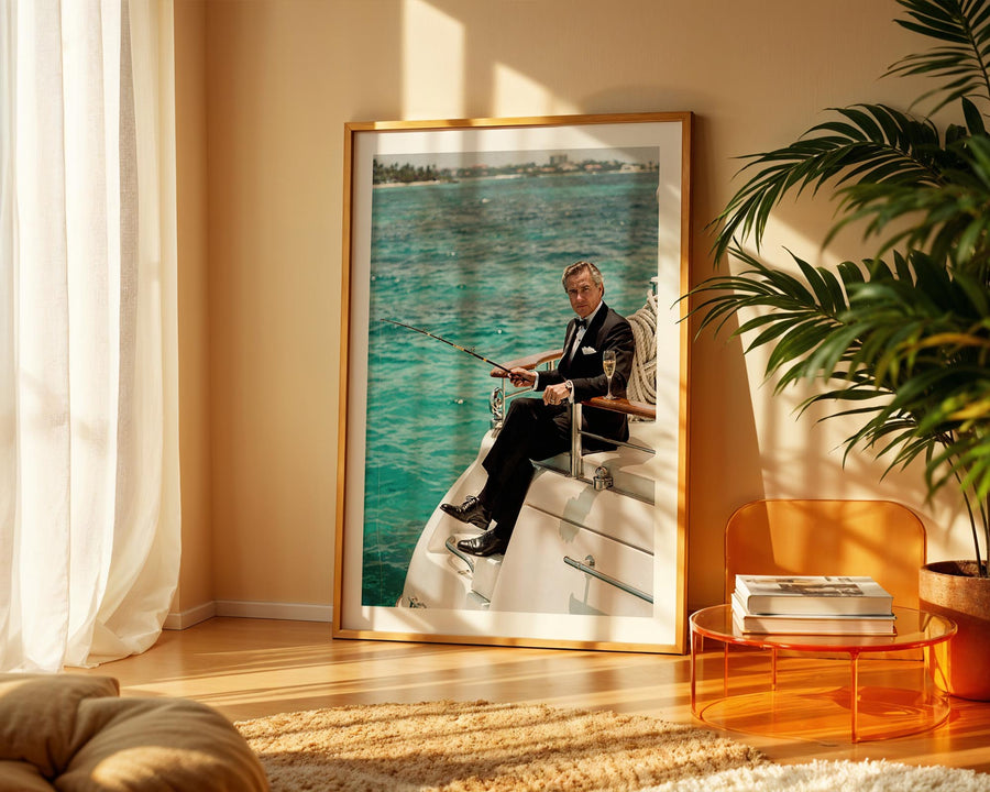 Framed artwork of a man fishing in a room with a plant and table.