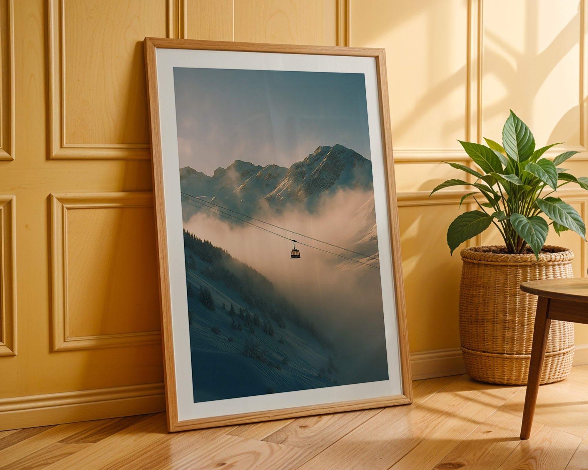 Framed mountain landscape print leaning against a wooden wall with a plant nearby.