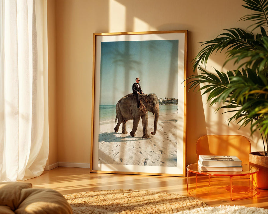 Framed artwork of a person riding an elephant on a beach in a living room.