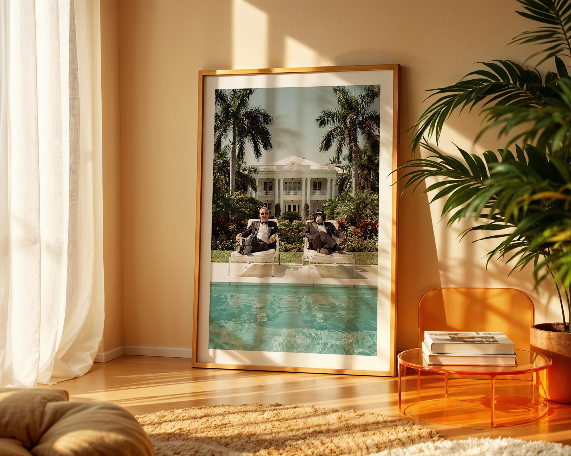 Framed artwork of a pool scene in a living room with a plant and table.
