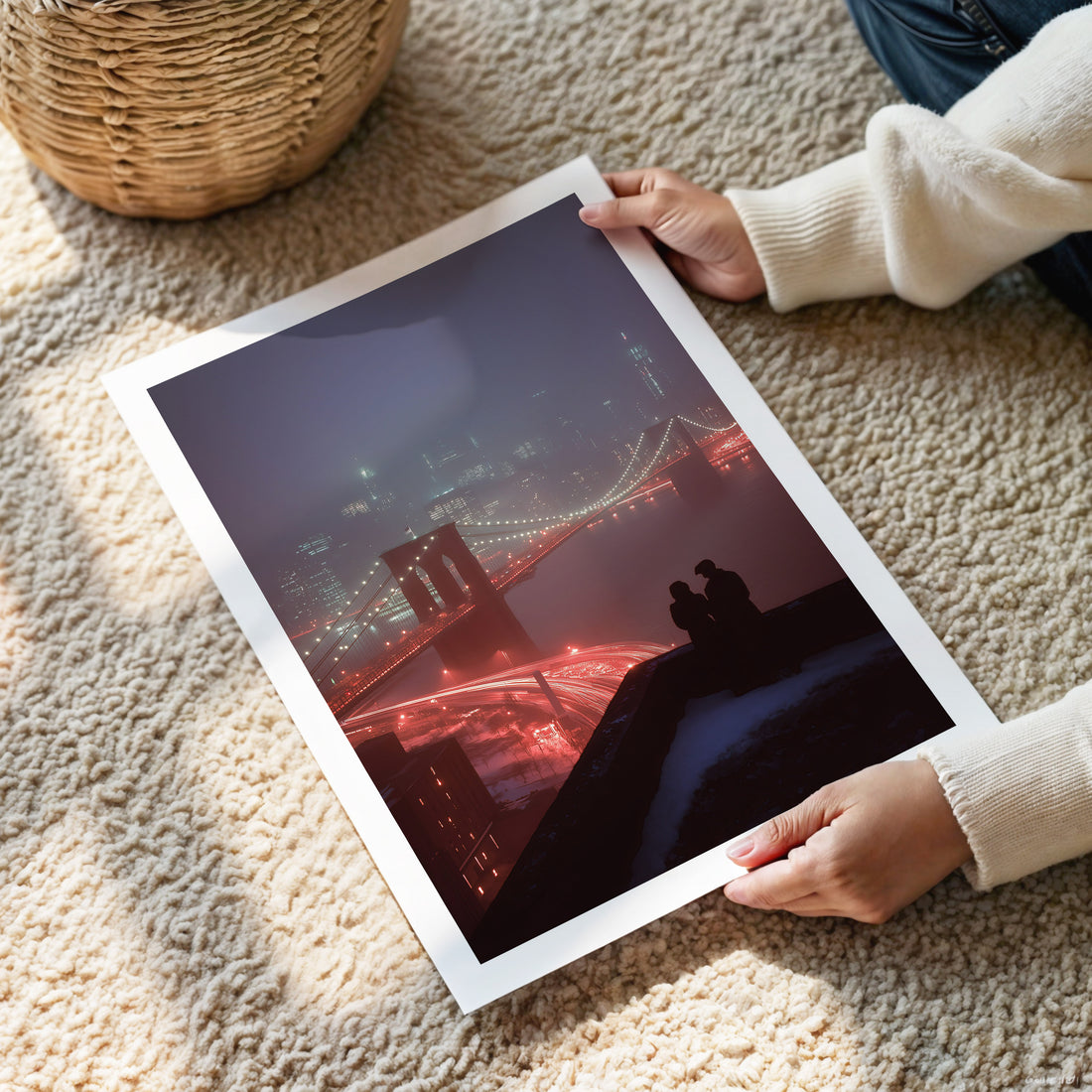 Person holding a framed photograph of a cityscape with Brooklyn Bridge at night.