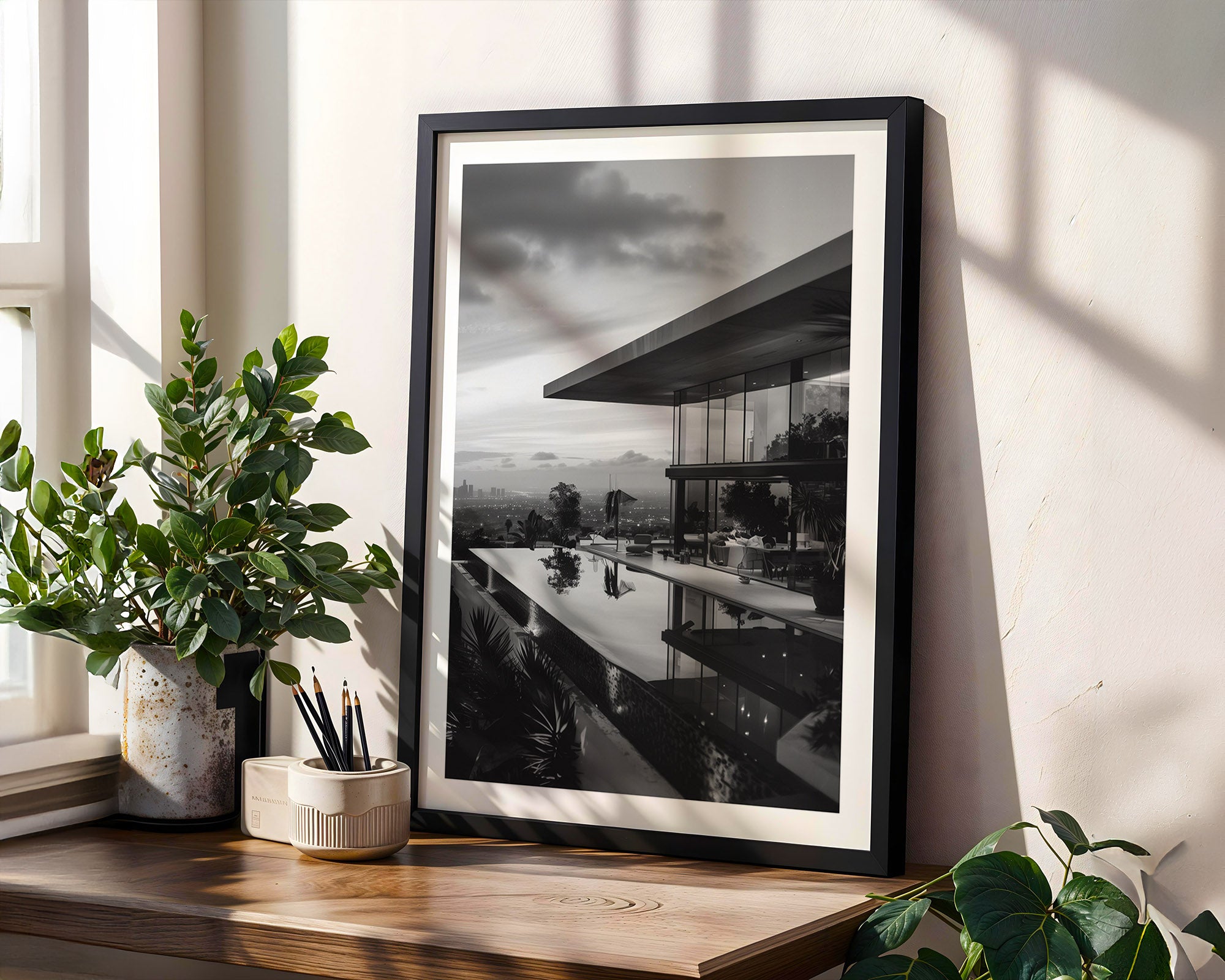 Framed black and white landscape print on a wall with plants and a window.