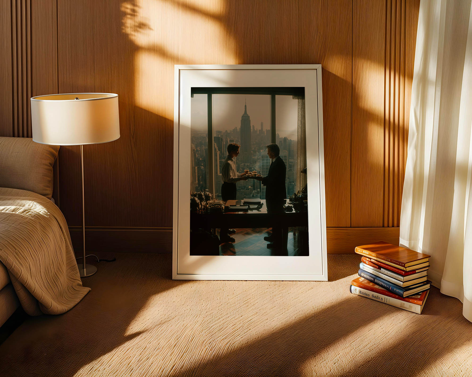 Framed photograph of two people by a window with books and a lamp in the foreground.
