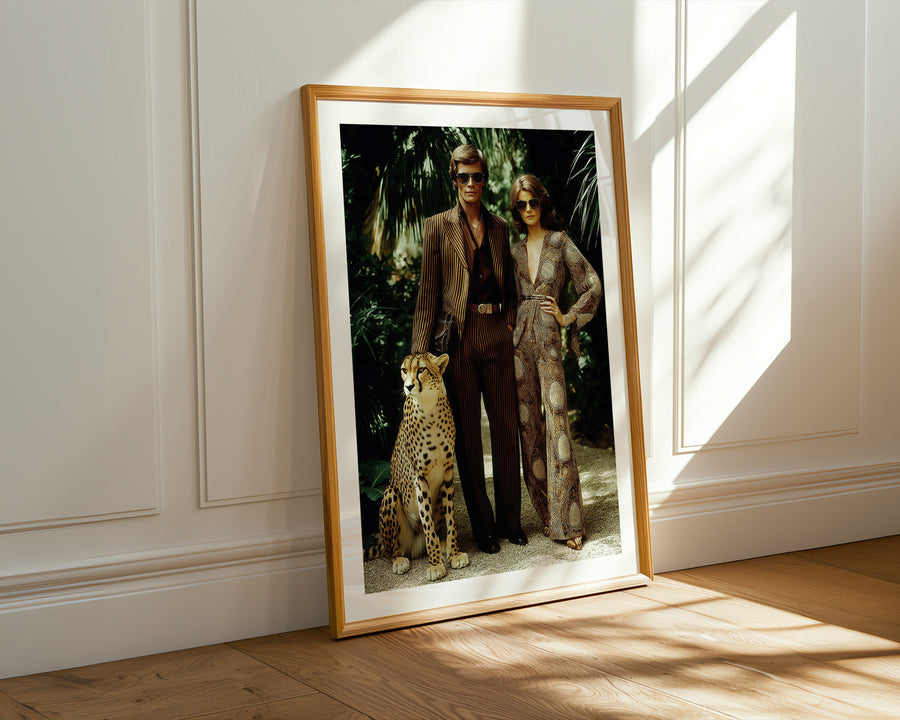 Framed photograph of a couple with a cheetah in a room with sunlight streaming through a window.