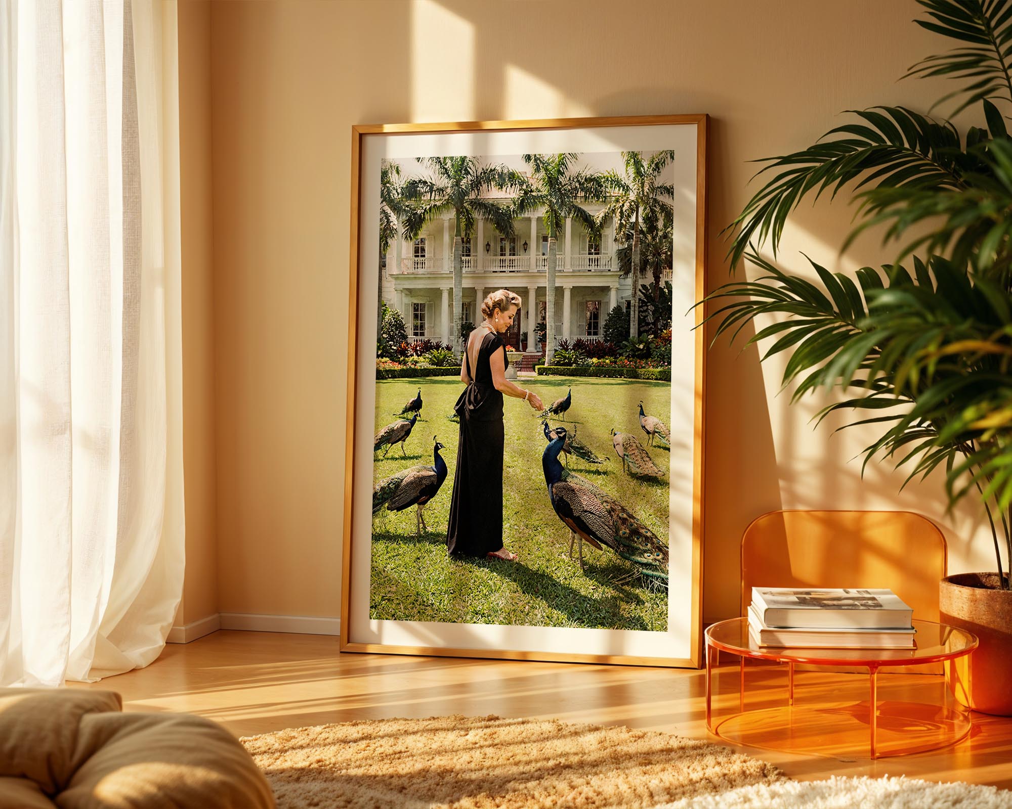 Framed artwork of a woman with peacocks in a living room setting.