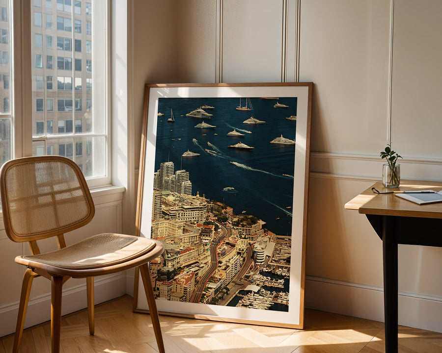 Framed cityscape artwork on a wall next to a chair and table.