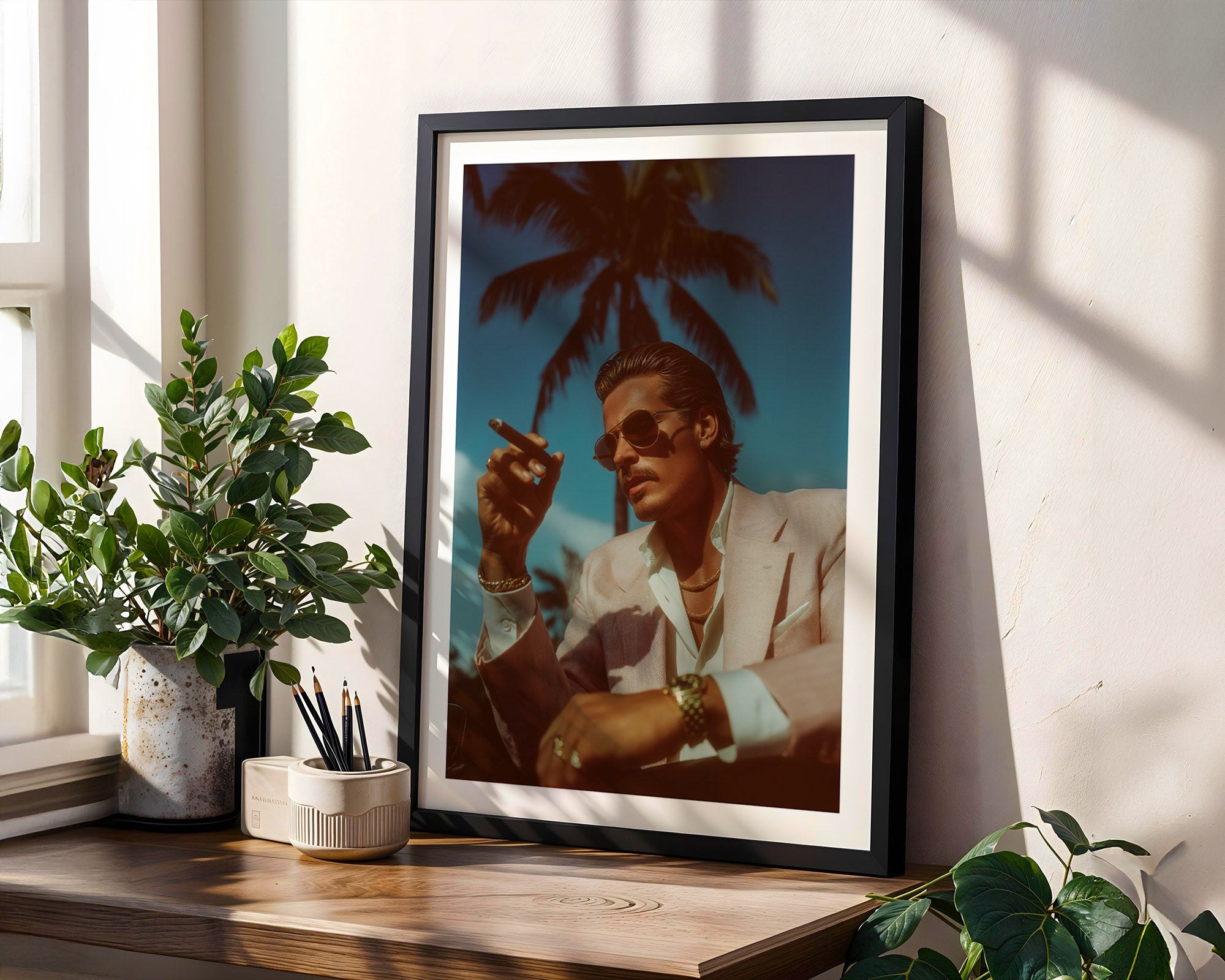 Framed artwork of a man with sunglasses and a cigarette on a wooden shelf with plants.