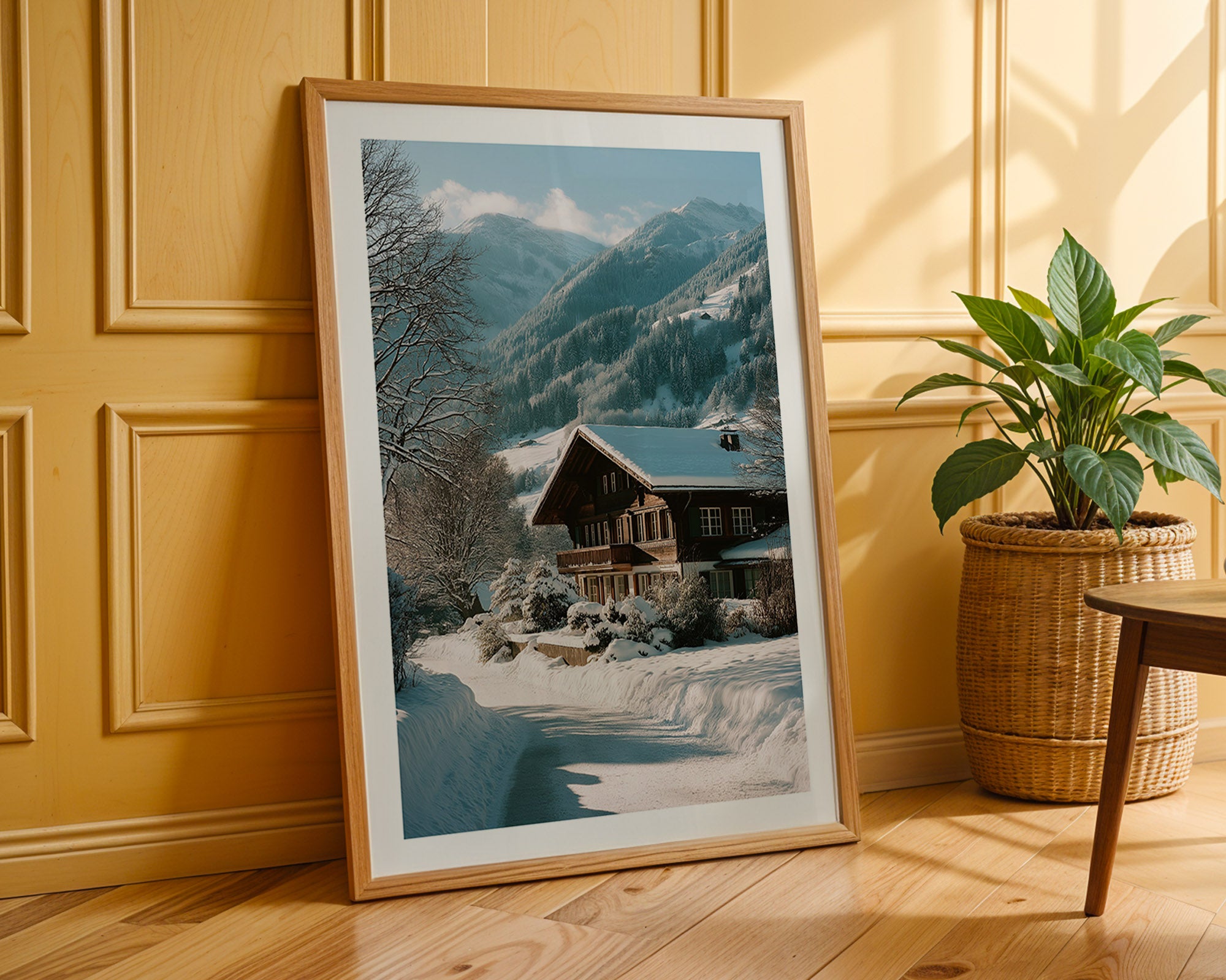 Framed photograph of a mountain landscape with a wooden cabin on a yellow paneled wall.