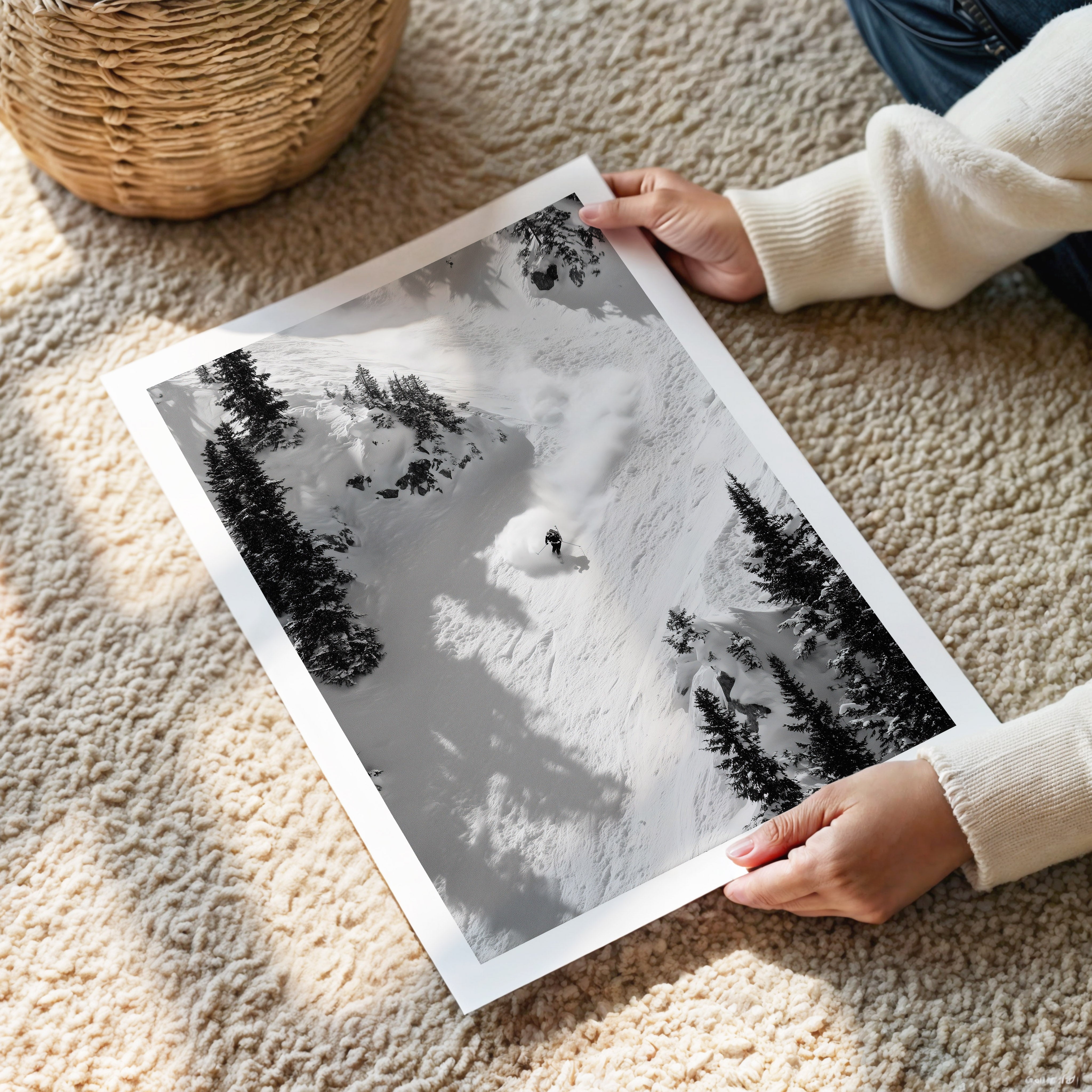 Person holding a black and white photograph of a snowy landscape with trees on a carpeted floor.