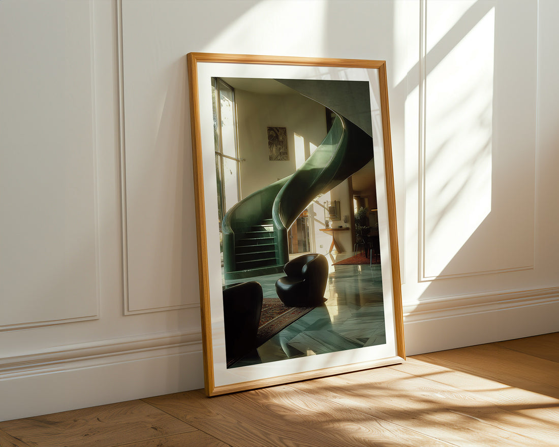 Framed mirror on a wall reflecting a staircase