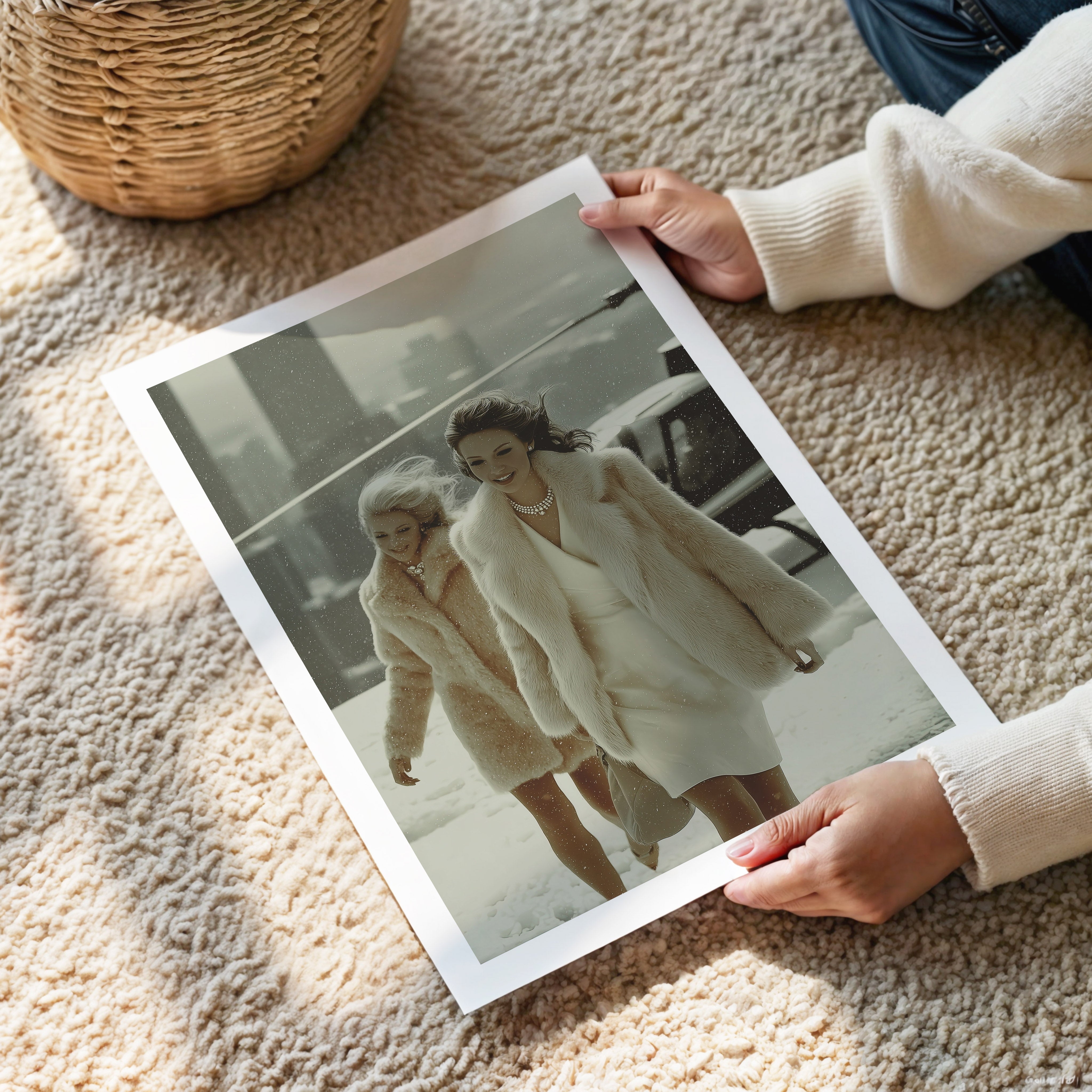 Person holding a framed photo of two women walking from a helicopter on a carpeted floor