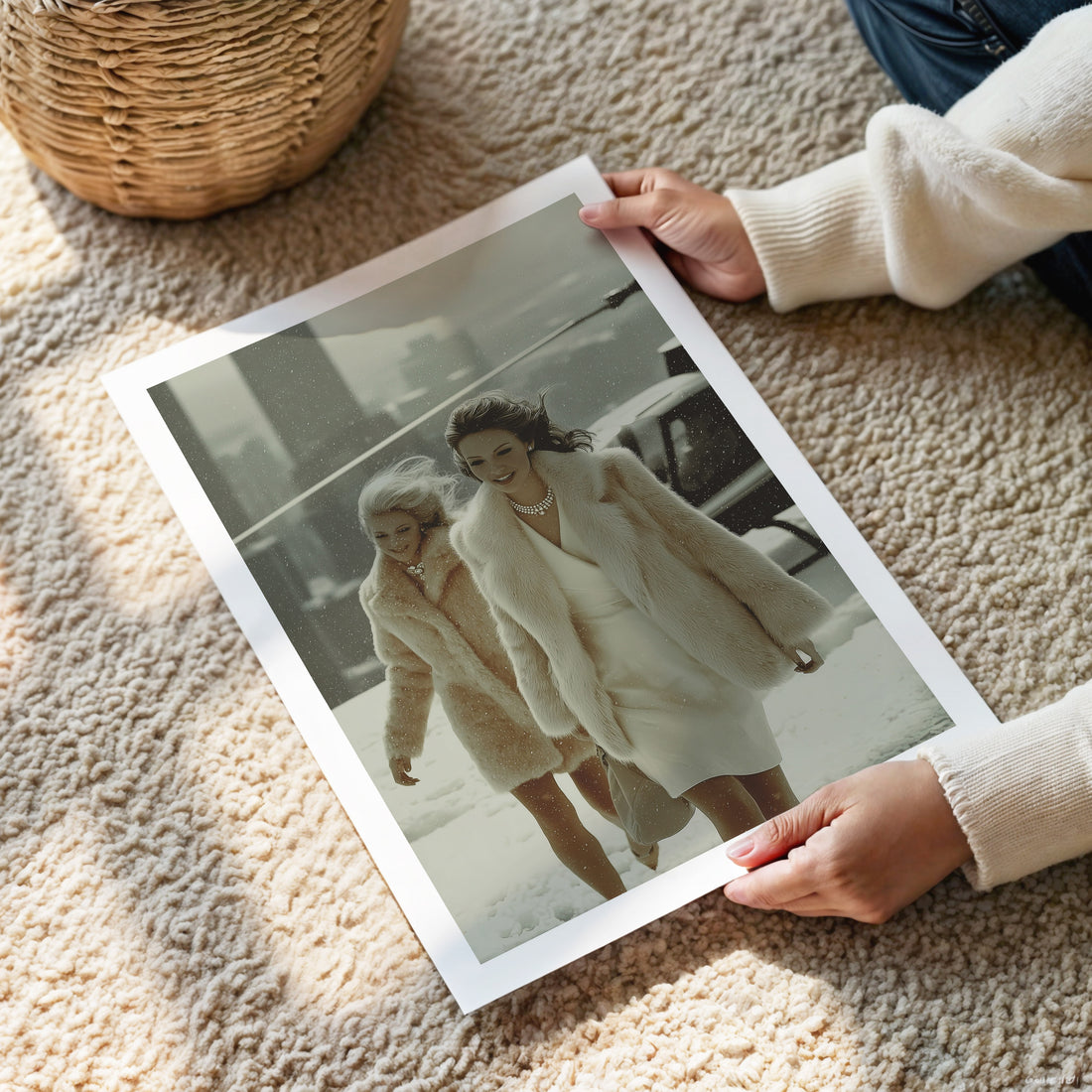 Person holding a framed photo of two women walking from a helicopter on a carpeted floor
