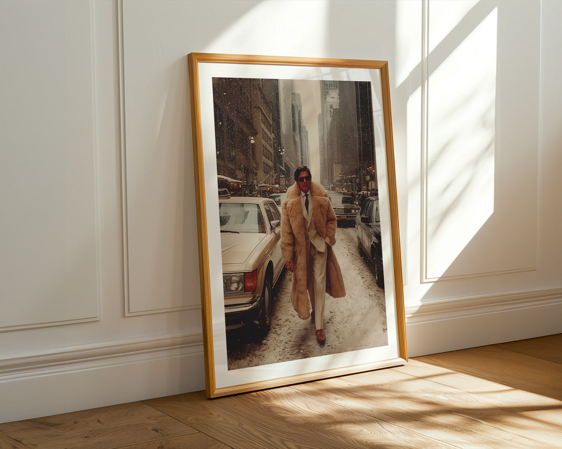 Framed photograph of a person in a coat standing on a city street, sunlight streaming through window