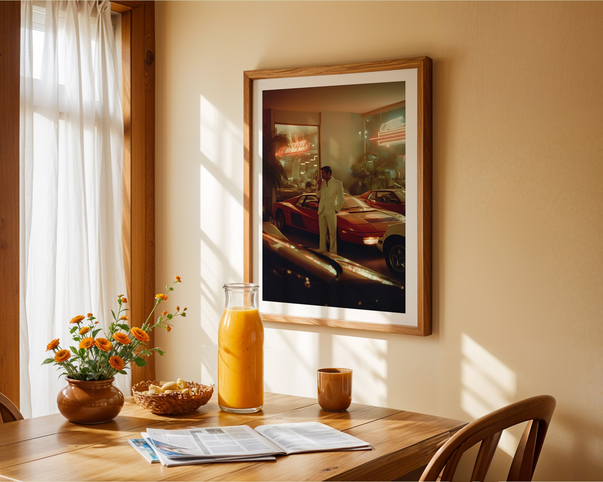 Dining room with a table set for breakfast, including flowers, juice, and cereal, with a framed picture on the wall.